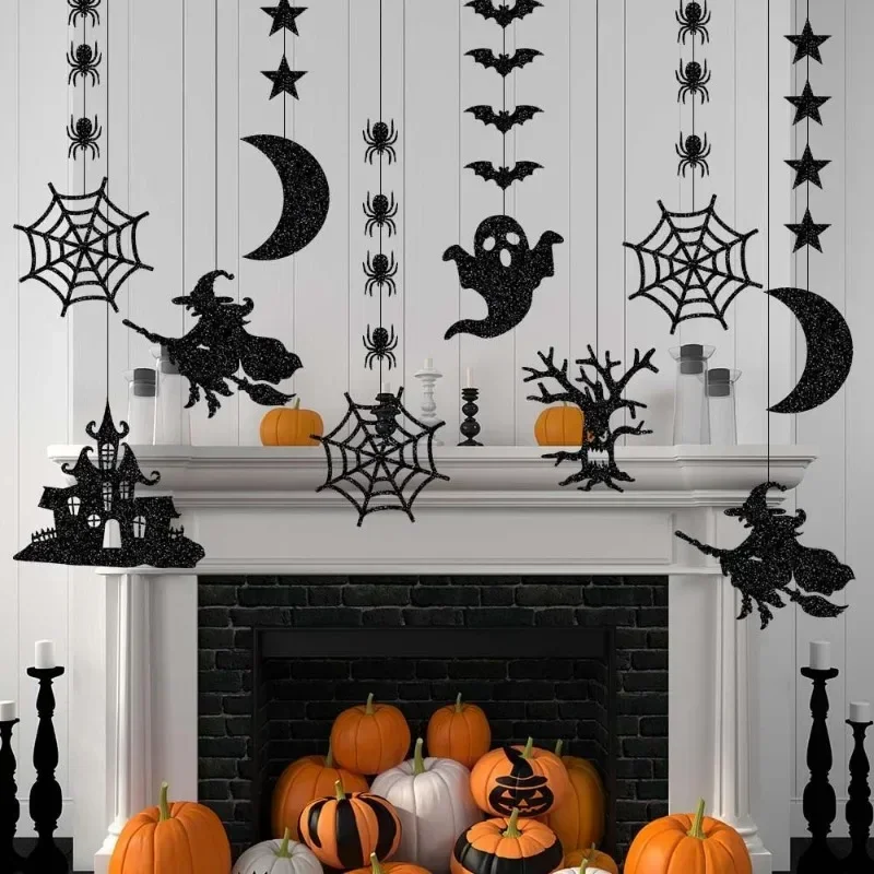 6 uds. Banner colgante de Halloween, guirnalda de araña aterradora, bruja, fantasma, murciélago, adorno colgante, decoraciones para fiesta de feliz Halloween para el hogar