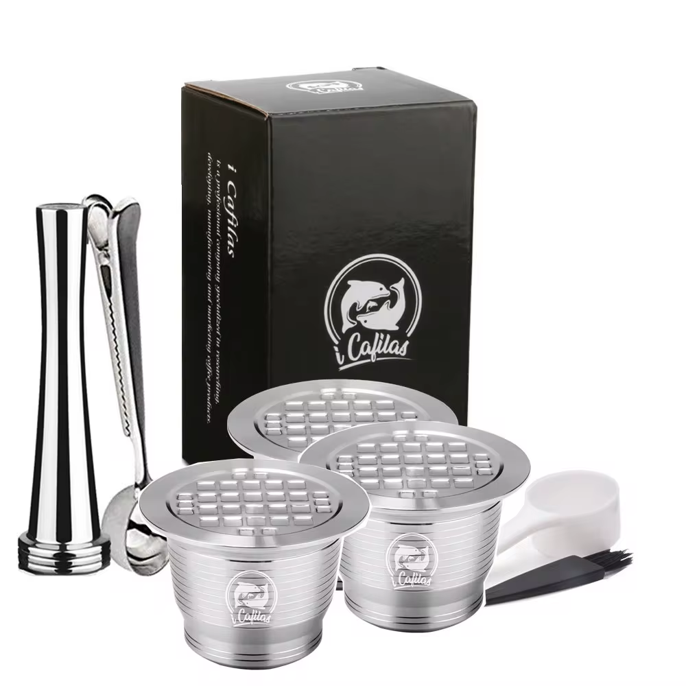 ICafilas Stianless Metall nachfüllbarer wiederverwendbarer Kaffeekapsellöffel mit Clips Tamper für Nespresso-Kapsel