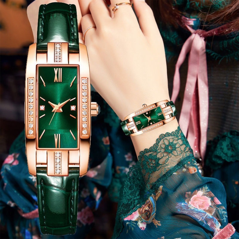 Little Green Watch Relógio feminino com conjunto de diamantes relógio quadrado pequeno de quartzo