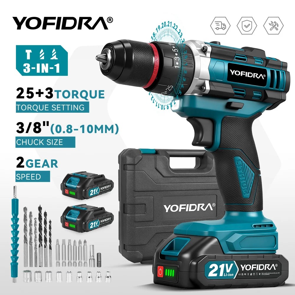 YOFIDRA-taladro de impacto eléctrico, 25 + 3 torques, inalámbrico de mano, 3 en 1, herramienta eléctrica para carpintería, Pin de batería Makita de 21V