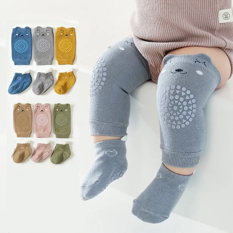 Almohadillas de seguridad para gatear, conjunto de calcetines, calcetines antideslizantes de dibujos animados hasta la rodilla para bebé, calcetines de suelo para niños, Protector para caminar con rótula para niñas y niños