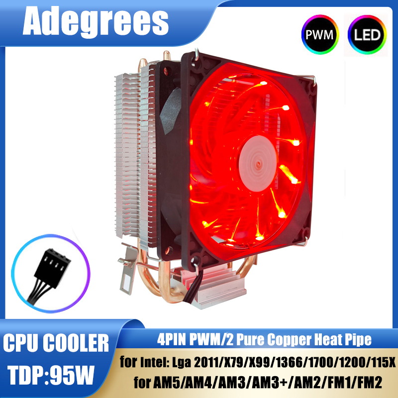 2 caloducs refroidisseur de processeur tour 3PIN/4PIN PWM 90MM LED lumière rouge ventilateur de refroidissement pour LGA 1366 1150 1155 1200 1700 X79 X99 2011 AM3 AM4