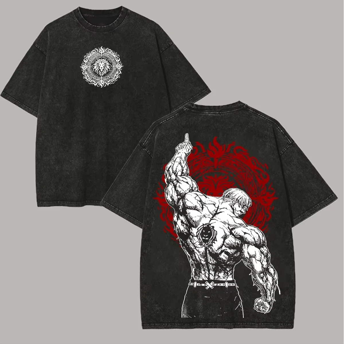 Japanse Anime De Zeven Hoofdzonden Escanor Grafische Print Vintage Gewassen T-shirt, Unisex Retro Losse Harajuku Y2K Katoen Zomer
