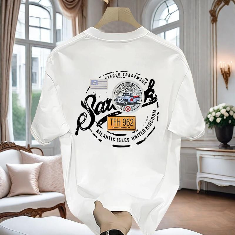 Camiseta masculina de algodão pesado 230g, versátil, de manga curta, com estampa casual, para o verão.
