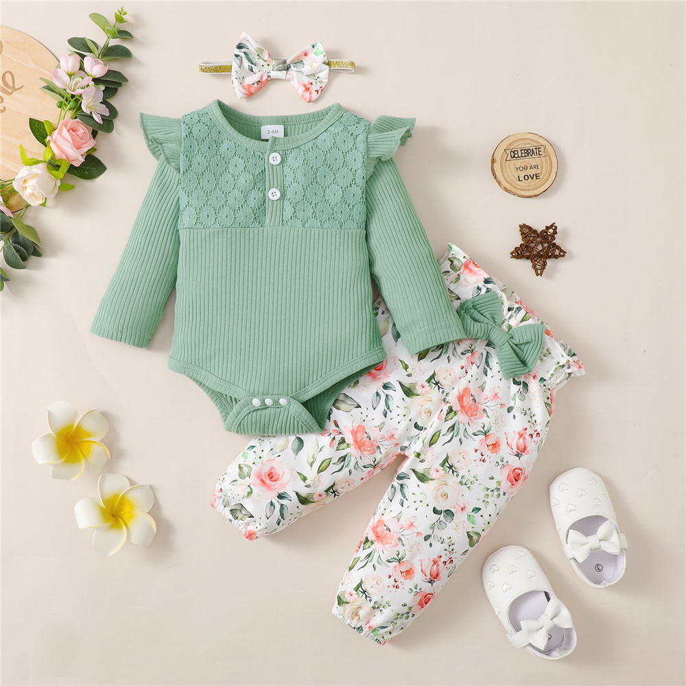 Romper de manga comprida do bebê, top, calça de flores, bandana, linda roupa para criança, primavera, outono, 0 a 18 meses, 3 peças