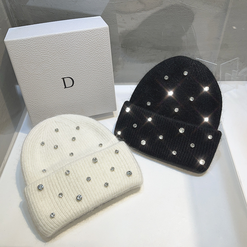 Luxo strass contas chapéu de malha coreano feminino pele de coelho lã crânios boné inverno moda engrossado quente bonnet beanies