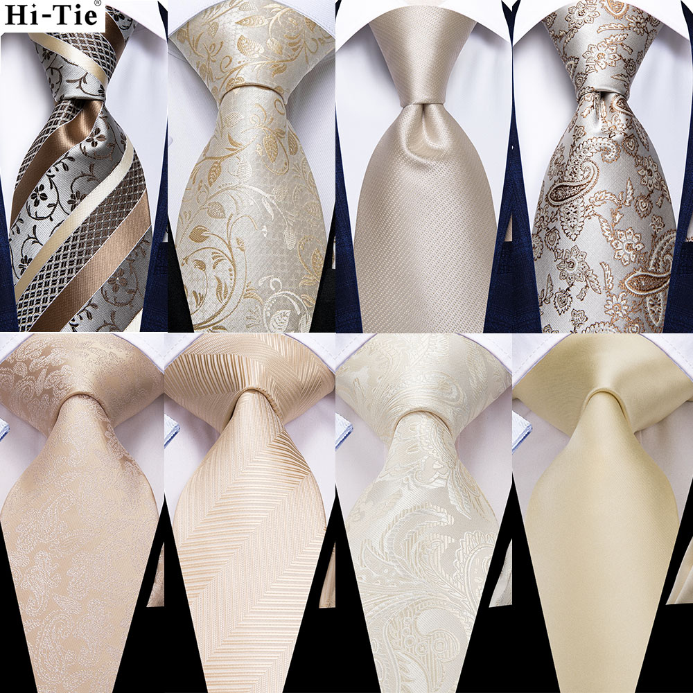 Hi-Tie marfil champán Floral diseño sólido corbata de boda de seda para hombres calidad pañuelo gemelos moda Nicktie negocios Dropshipping