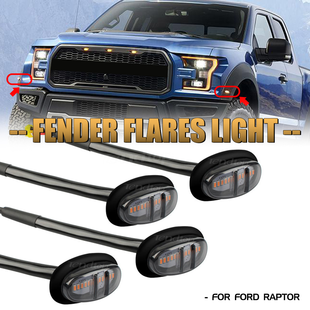 4 szt. LED-owych lamp przedniej kratki chłodnicy, LED-owe światła sygnalizacyjne błotnika koła, kolor bursztynowy, przydymione akcesoria samochodowe do Forda F-150 F150 Raptor 2017 2018 2019