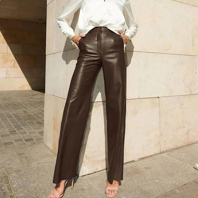 Moda sólida couro do plutônio calças retas outono nova senhora do escritório bolso commute calças de alta rua casual feminino magro calças compridas