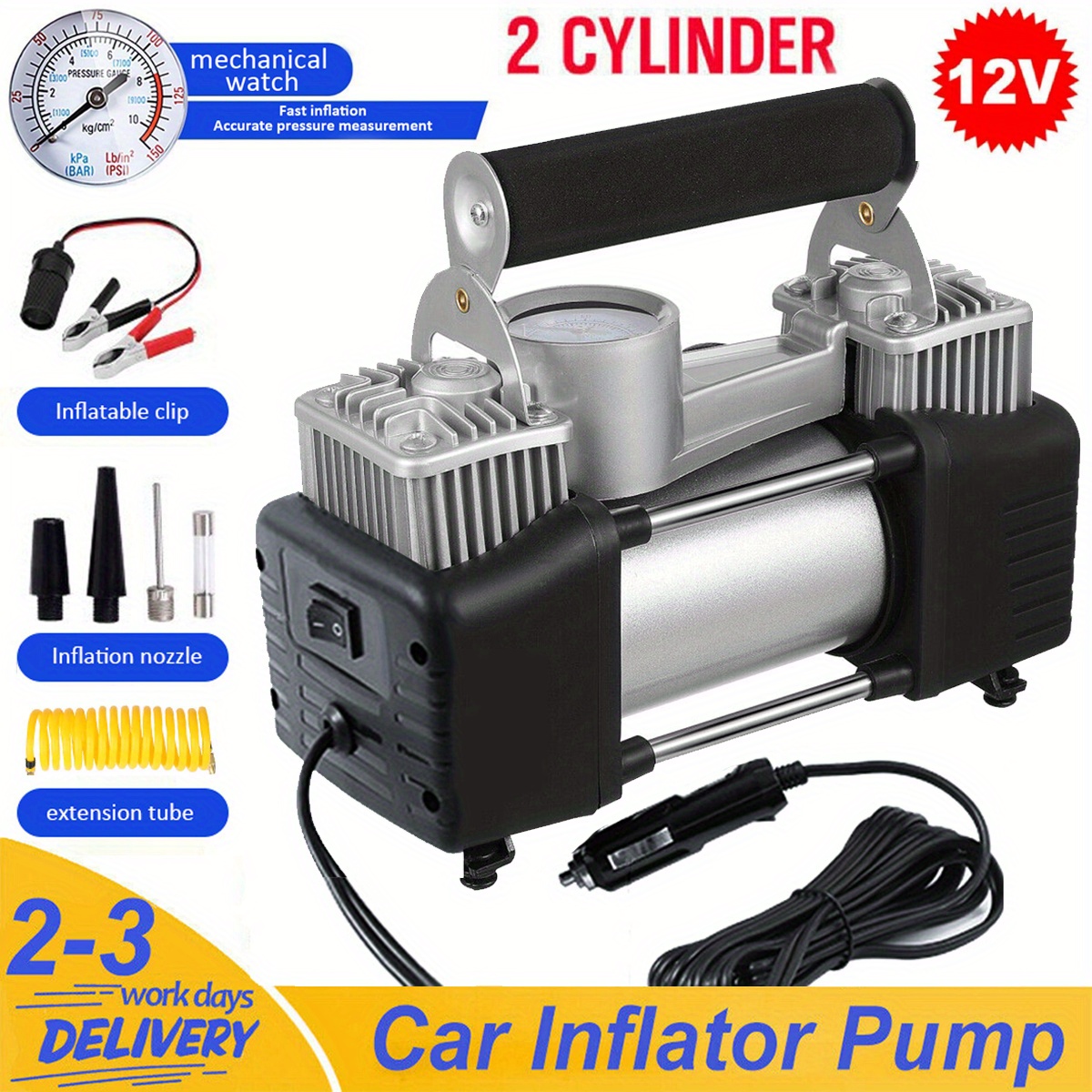 Przenośna, wytrzymała pompka samochodowa 12V, kompresor powietrza do opon 150PSI, zawiera akcesoria, adapter, torba transportowa.