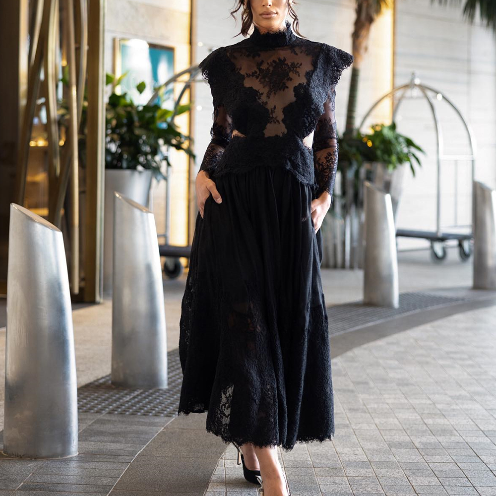 Dostosowane eleganckie koronkowe suknie wieczorowe z wysokim kołnierzem nowoczesna linia A z długimi rękawami suknia wieczorowa zamek błyskawiczny z tyłu suknie na specjalne okazje 2025