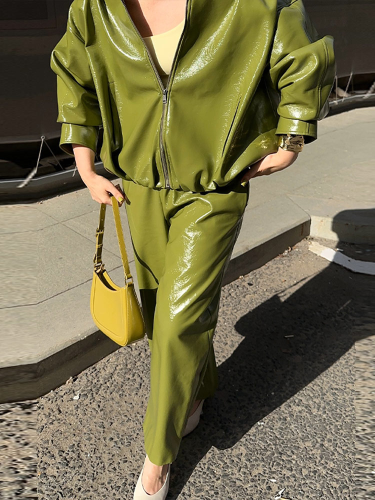 Jaqueta de couro verde oliva casaco silhueta vintage high street tendência zíper lapela curto casaco solto casual topo outwear outono
