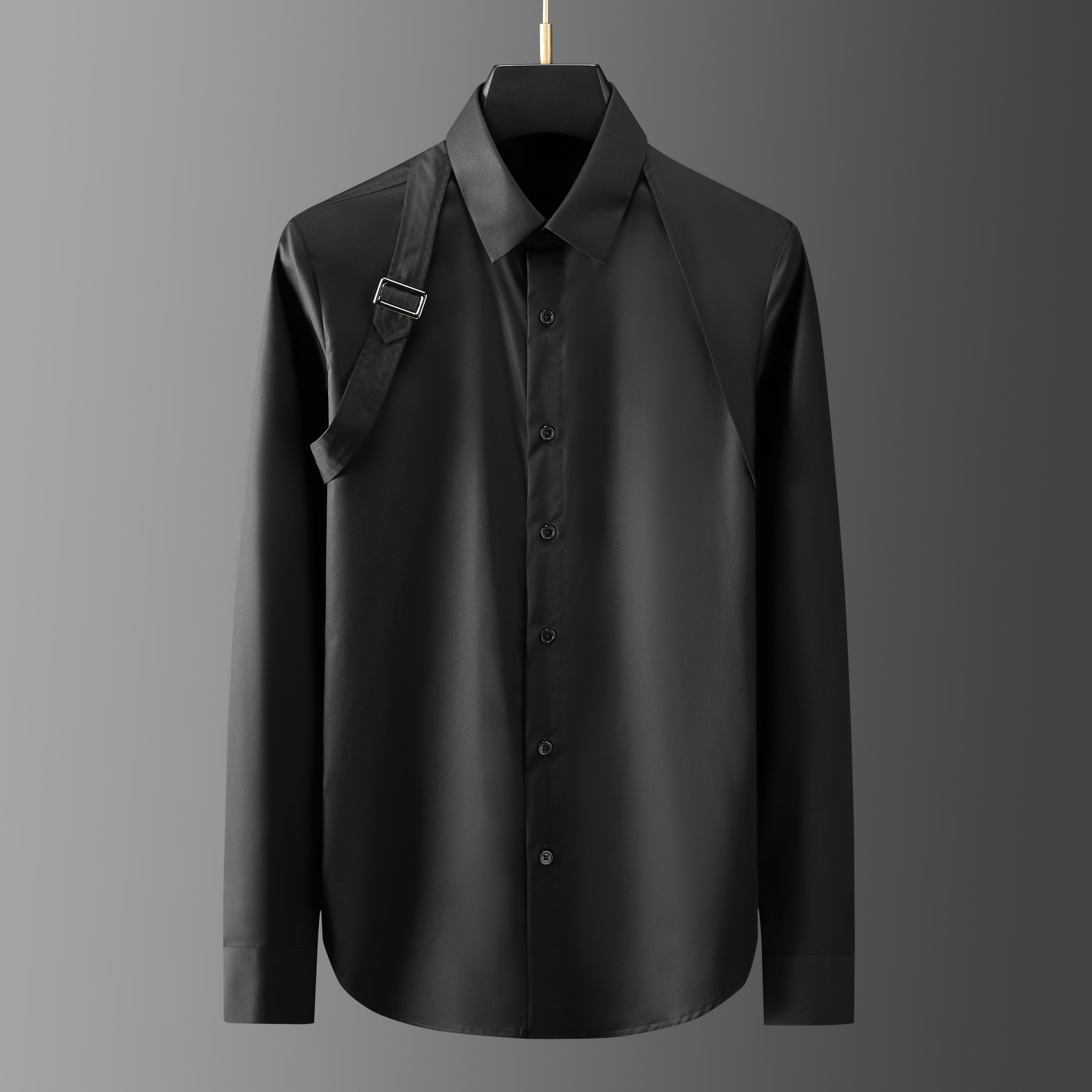 Luksusowa koszula męska metalowa klamra wstążka łączenie Casual koszule towarzyskie z długim rękawem Slim Fit biznes bankietowa bluzka na imprezę topy
