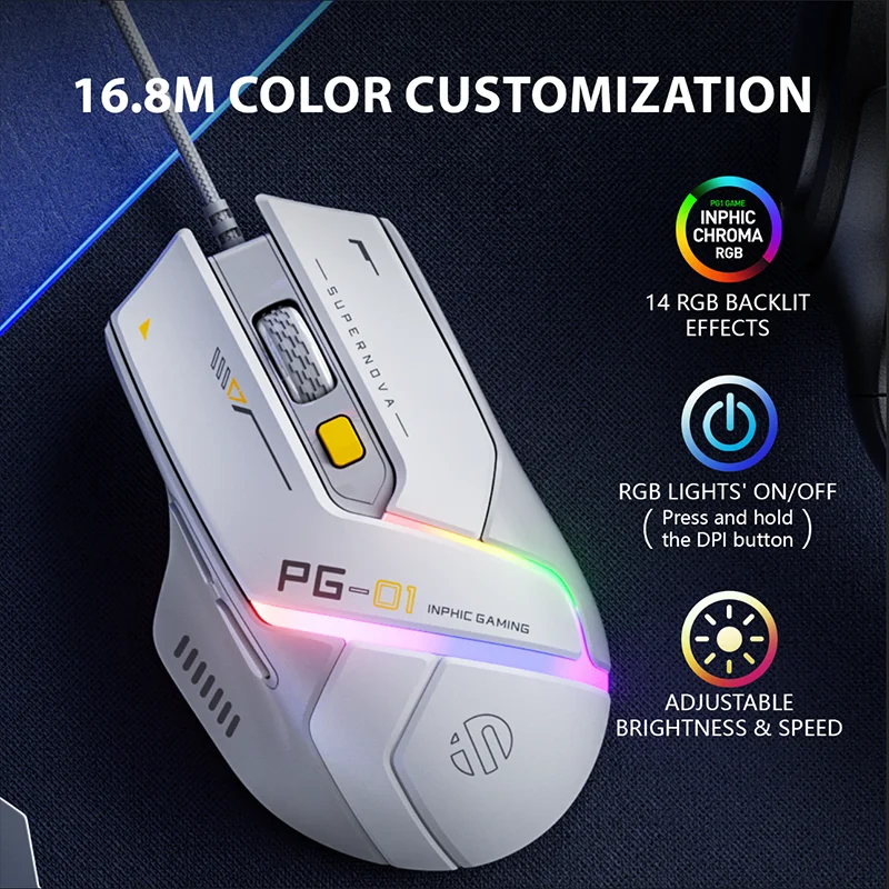 Souris de jeu filaire Inphic PG1, effet d'éclairage RGB, ergonomique, pour la maison et le bureau, ordinateur de bureau et portable