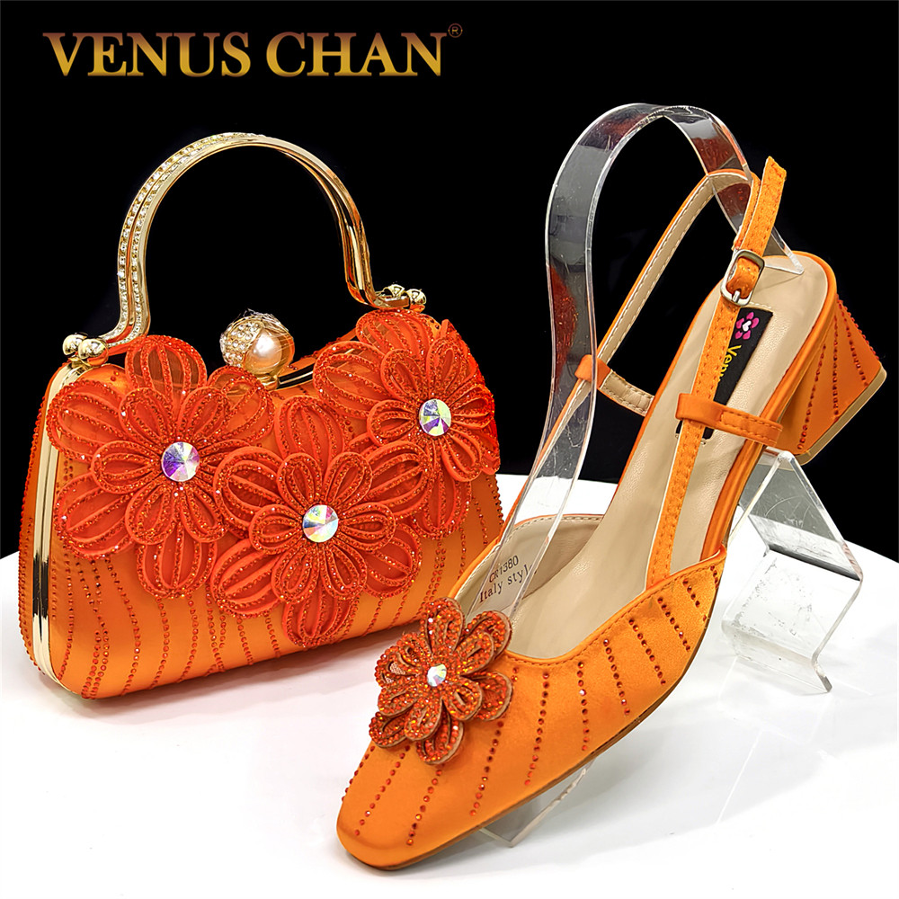 Venus Chan Set pochette da donna elegante con tacco arancione e strass alla moda italiana: perfetto per feste e occasioni speciali