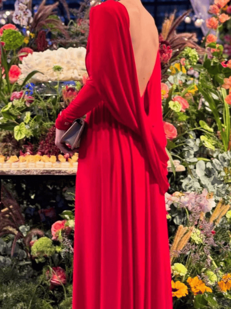 Vestido de banquete ajustado liso y elegante para mujer, vestido de fiesta de manga larga de lujo con temperamento, vestido de noche plisado con espalda descubierta y cuello oblicuo Sexy