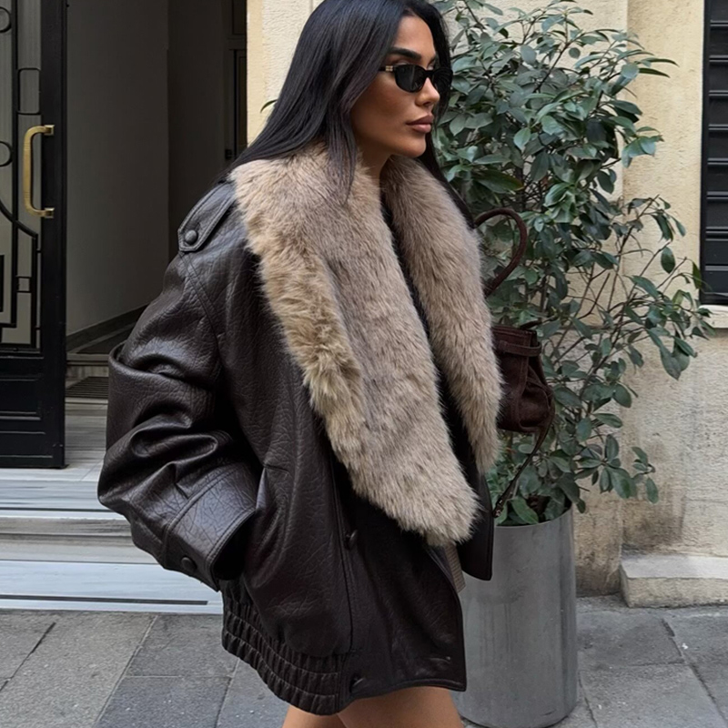 Damenjacke 2025, Herbst-Winter, neue Mode, braun strukturierte Kunstlederjacke, abnehmbarer großer Pelzkragen-Damenmantel