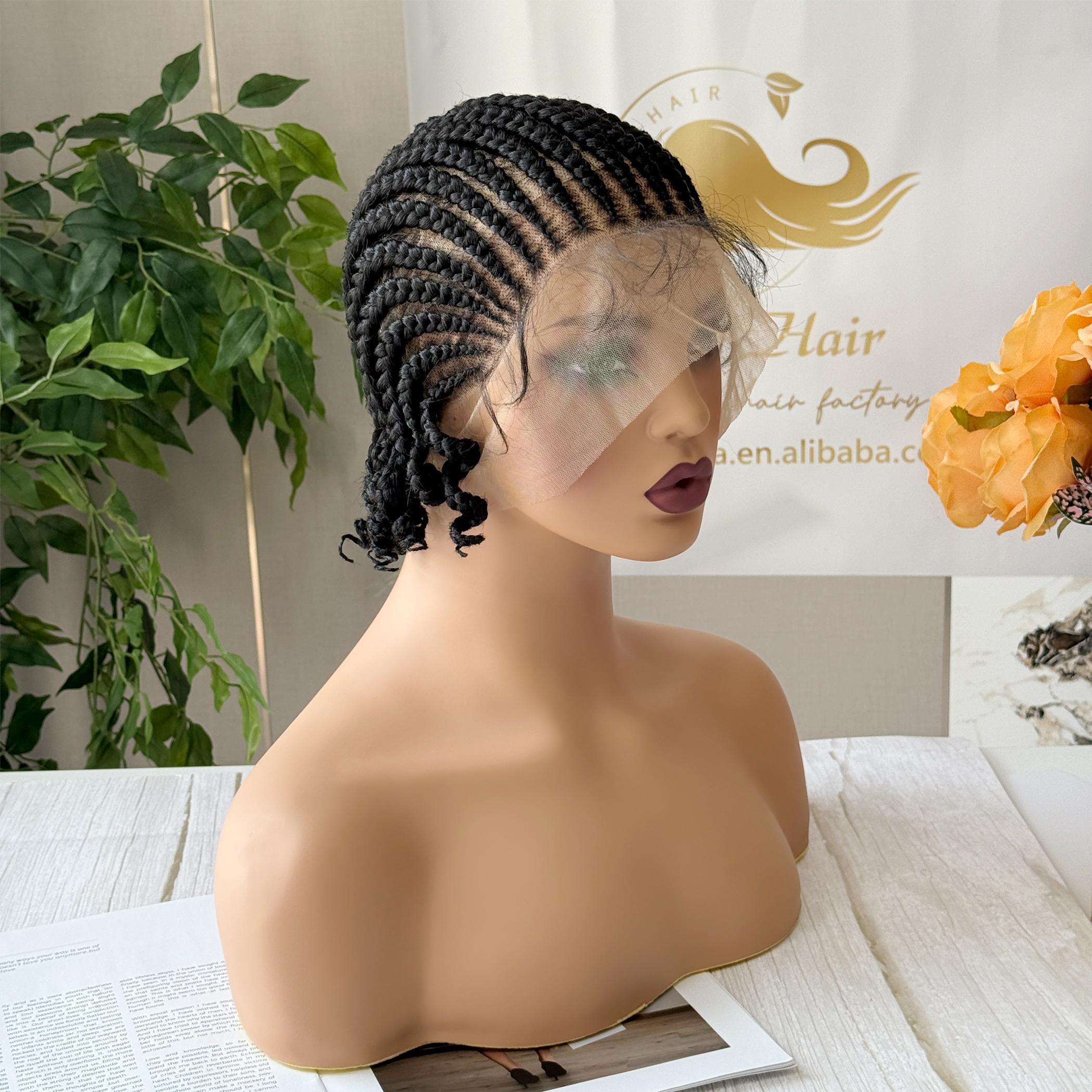ショートフルレースコーンロウブレイドボブウィッグ、ベビーヘア付き合成ブレイドレースウィッグ、ノットレスハンドメイドブレイドウィッグ（黒人女性向け）