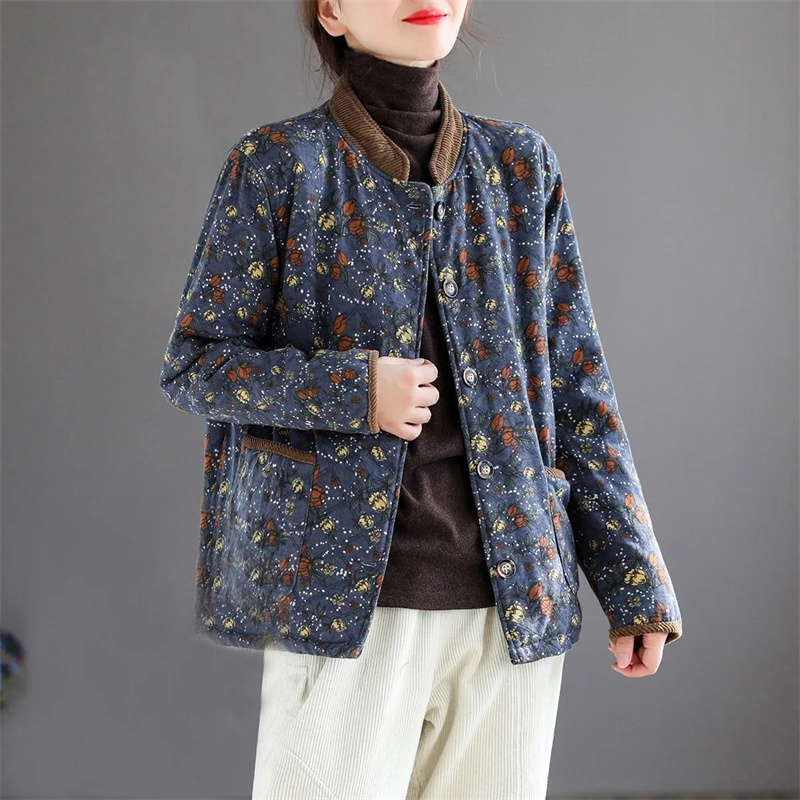 Jaqueta de algodão de alta qualidade feminina, estilo coreano estrangeiro, casaco de algodão quente, costura estampada, mães, outono, inverno