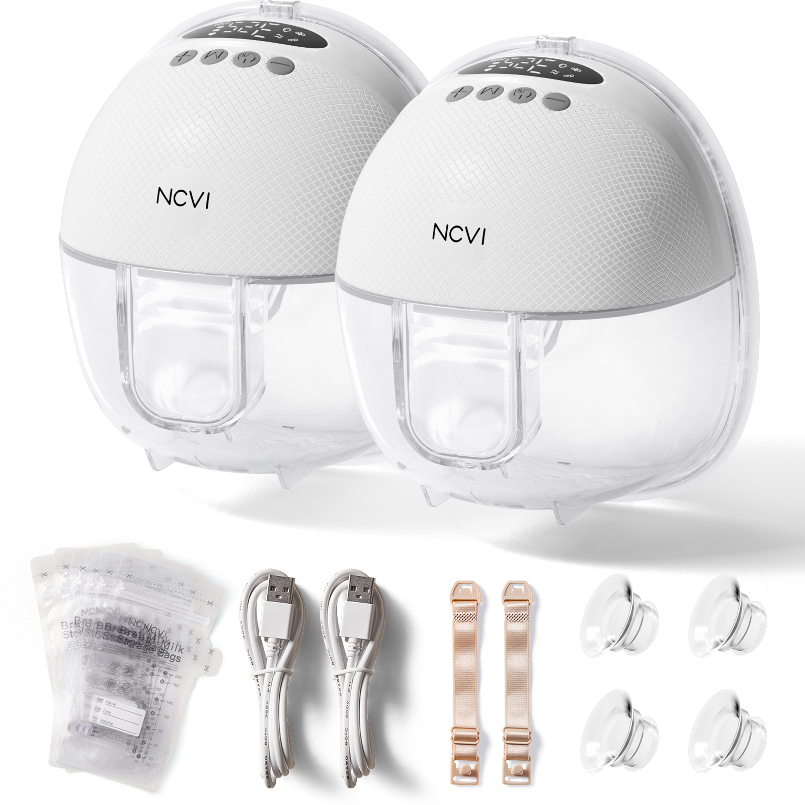 NCVI ウェアラブル搾乳器、4つのモードと9レベルのハンズフリー搾乳器、ポータブル搾乳器、低ノイズ、2パック (ホワイト)