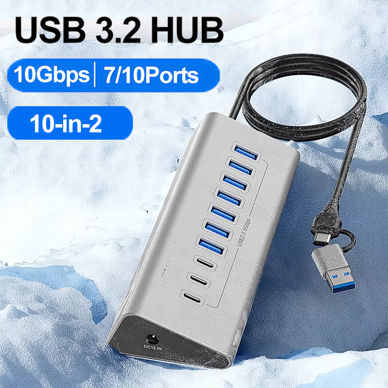 Stacja dokująca USB 3.2 10 Gbps, hub typu C, rozdzielacz, adapter do transferu danych z czytnikiem kart, wielofunkcyjny przełącznik z 7/8 portami do komputera PC i laptopa.