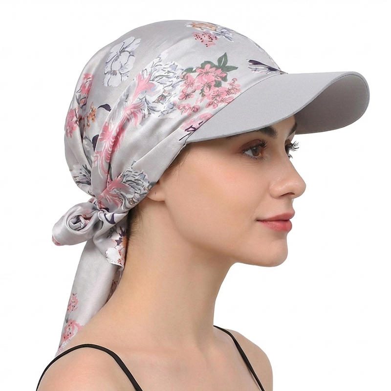 Damen Mode Bedruckter Satin-Kopftuch-Hut mit Krempe Sonnenhüte Sommer Weiche Atmungsaktive Kopftuch-Kappen Baseballkappe