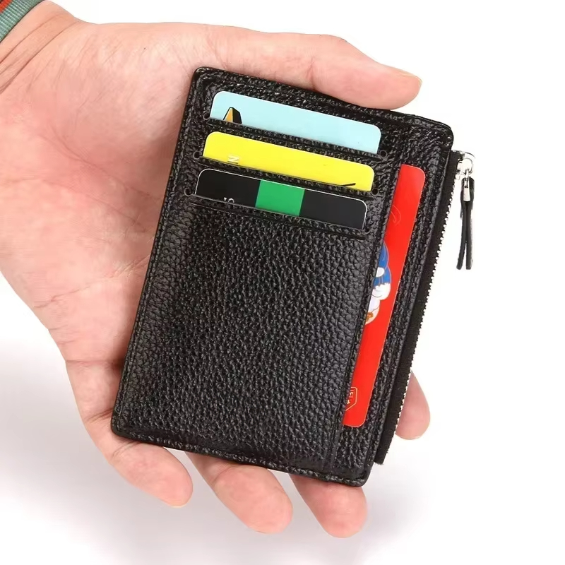 Mini bolso para tarjetas con cremallera, bolso delgado para tarjetas de identificación, billetera, organizador de crédito, bolso corto ultrafino pequeño portátil para hombres, negro
