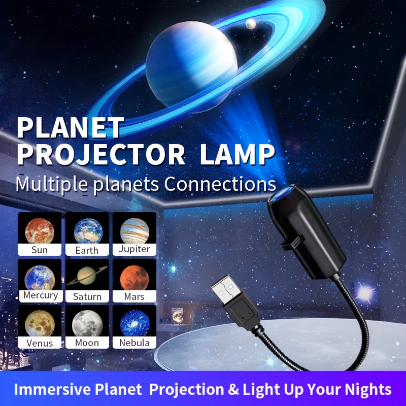 6 つの交換可能な画像を備えた LED 惑星プロジェクター ライト - 360 °   壁を照らす回転式USBプラグインナイトライト