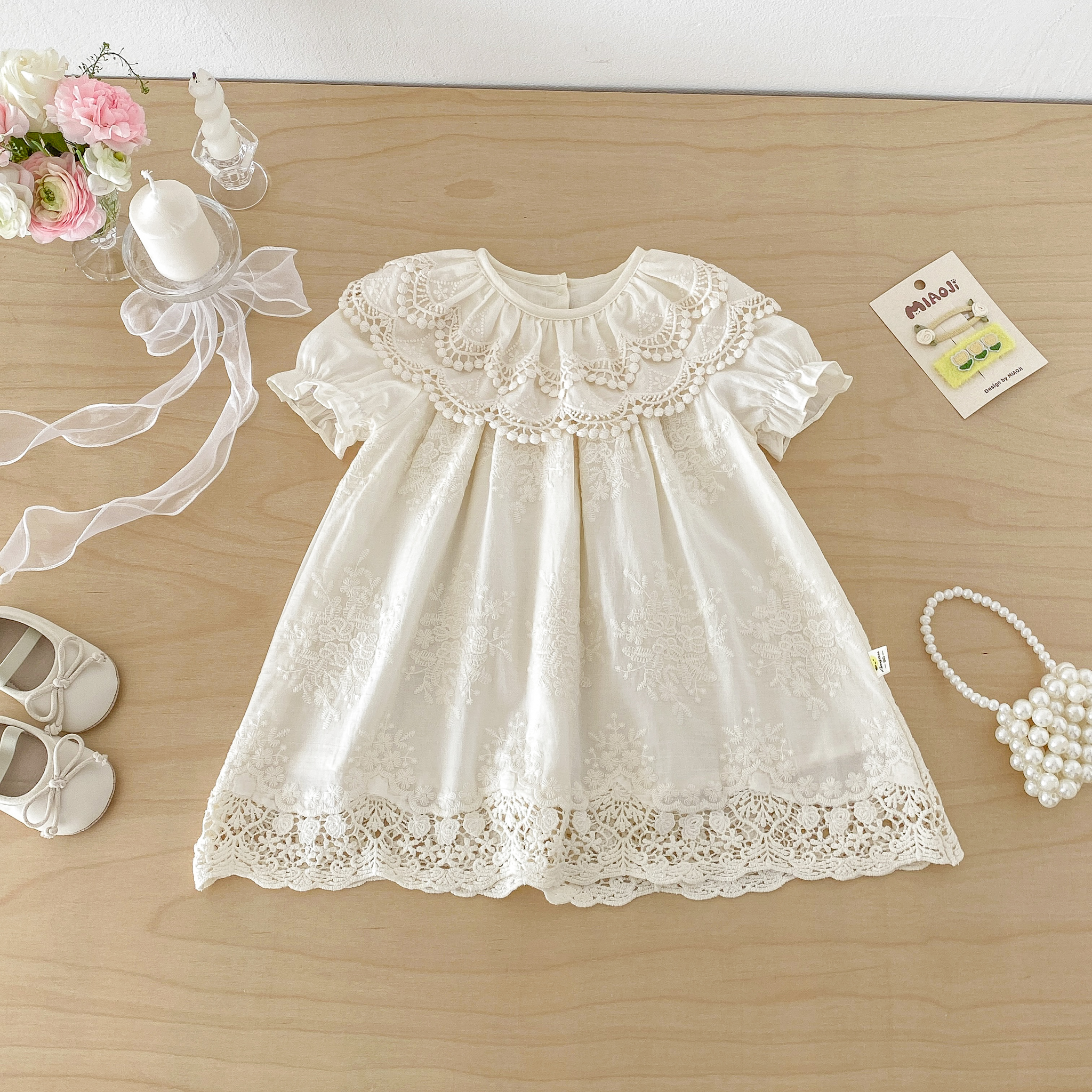 Nuovo Stile Estivo: Abito Principessa per Bambina con Colletto in Pizzo Coreano, Manica Corta, Modello Leggero