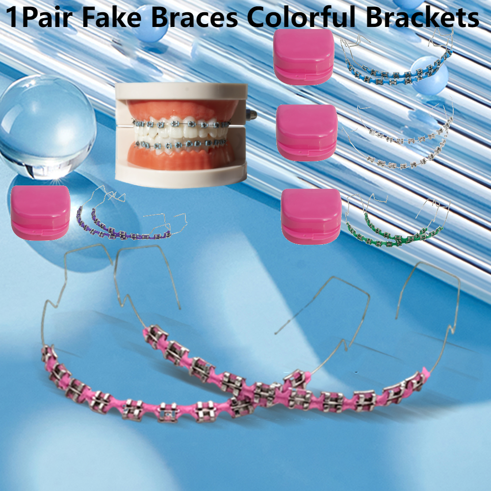 1Pairs Tijdelijke Tand Decoratie Tandheelkundige Nep Bretels met Metalen Draden & Beugel Orthodontische Bretels met Ligatuur Banden Tandheelkundige
