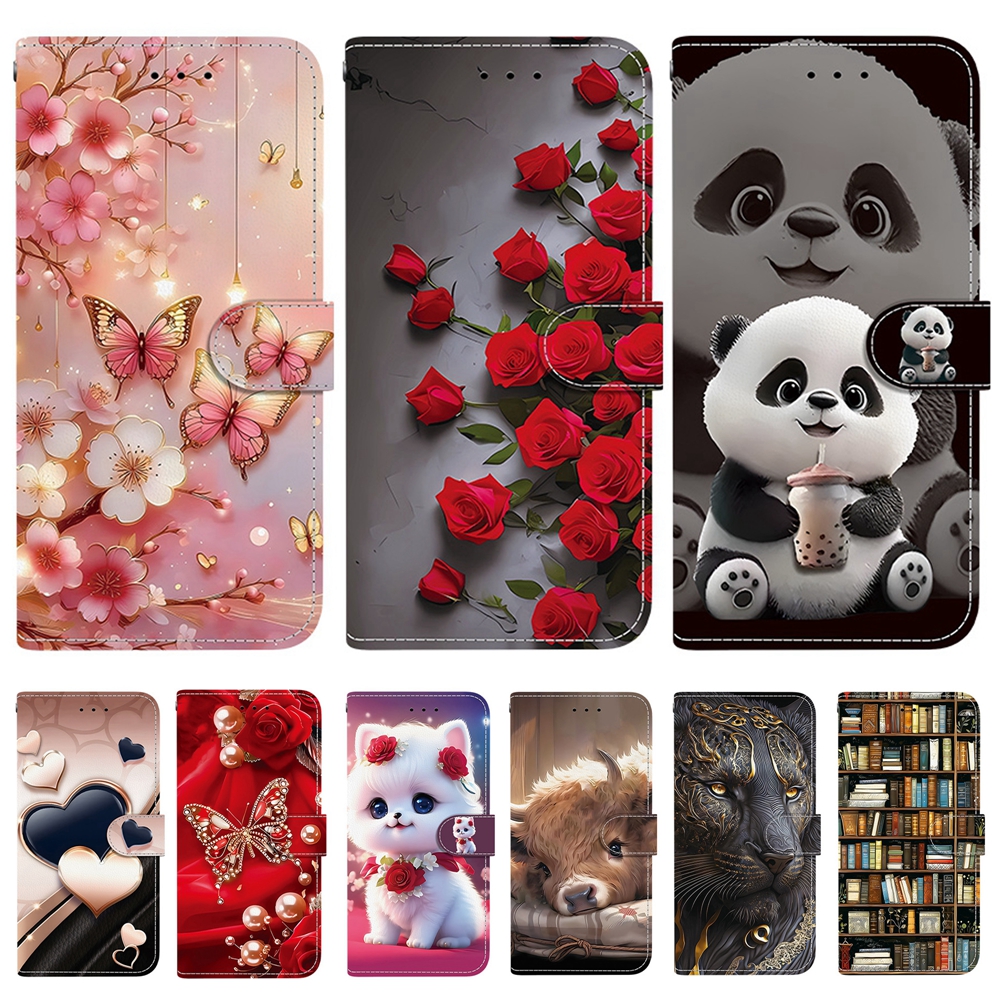 Funda de Teléfono con Diseño de Gato y Panda para iPhone 17E 16E, Compatible con iPhone 17 16 15 14 13 12 11 Pro Max 15 Plus, Funda Tipo Cartera de Cuero con Tapa Trasera