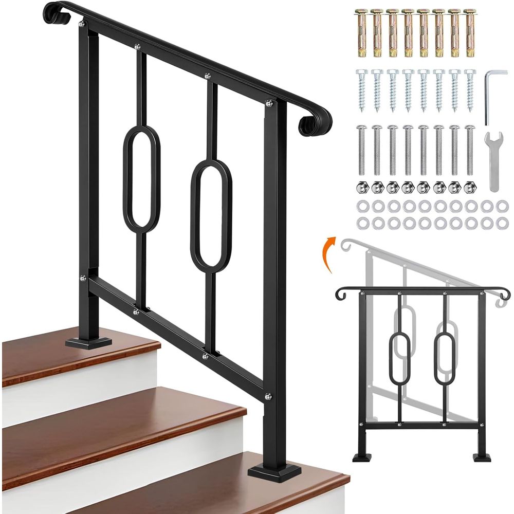 Outdoor Steps, Adjustable Handrail for Steps & Horizontal Use, Black Wrought Iron Railing or Wooden Stairs, Concrete Steps, Porc