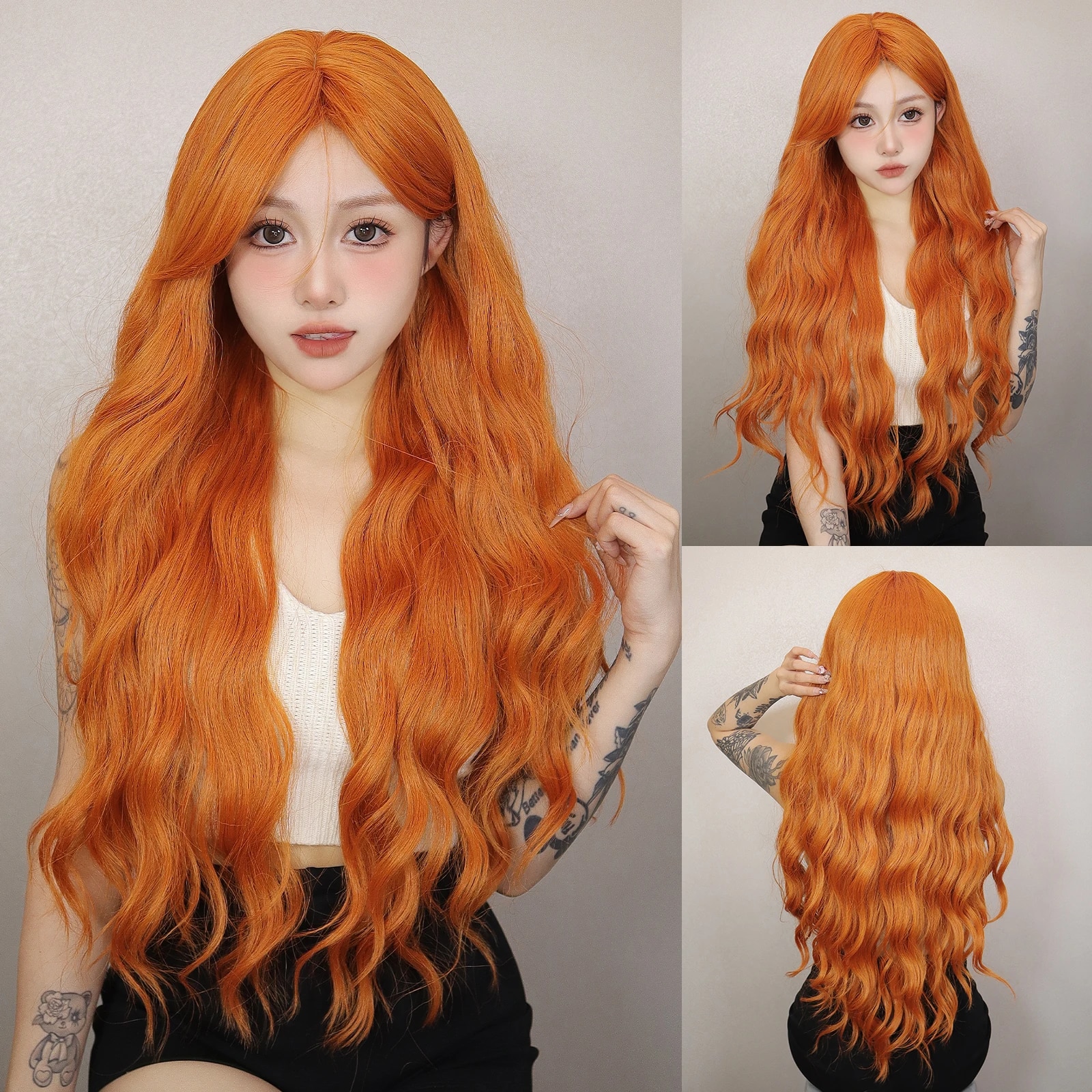 ยาว Water Wave สีส้มวิกผมสังเคราะห์สําหรับผู้หญิงหยักธรรมชาติผมวิกผมยาว Bangs คอสเพลย์ปาร์ตี้วิกผมทนความร้อน