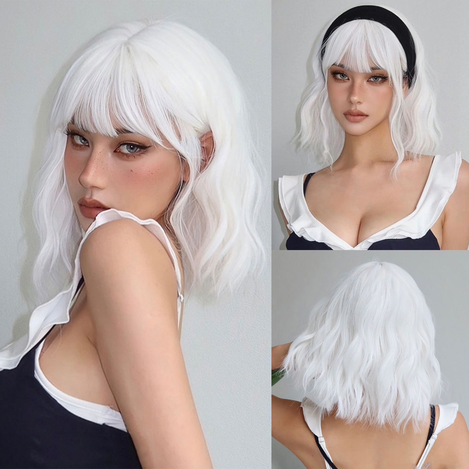 Easyhair Wig sintetis Bob putih pendek, Wig rambut alami Lolita bergelombang pendek dengan poni untuk wanita, Wig Cosplay tahan panas