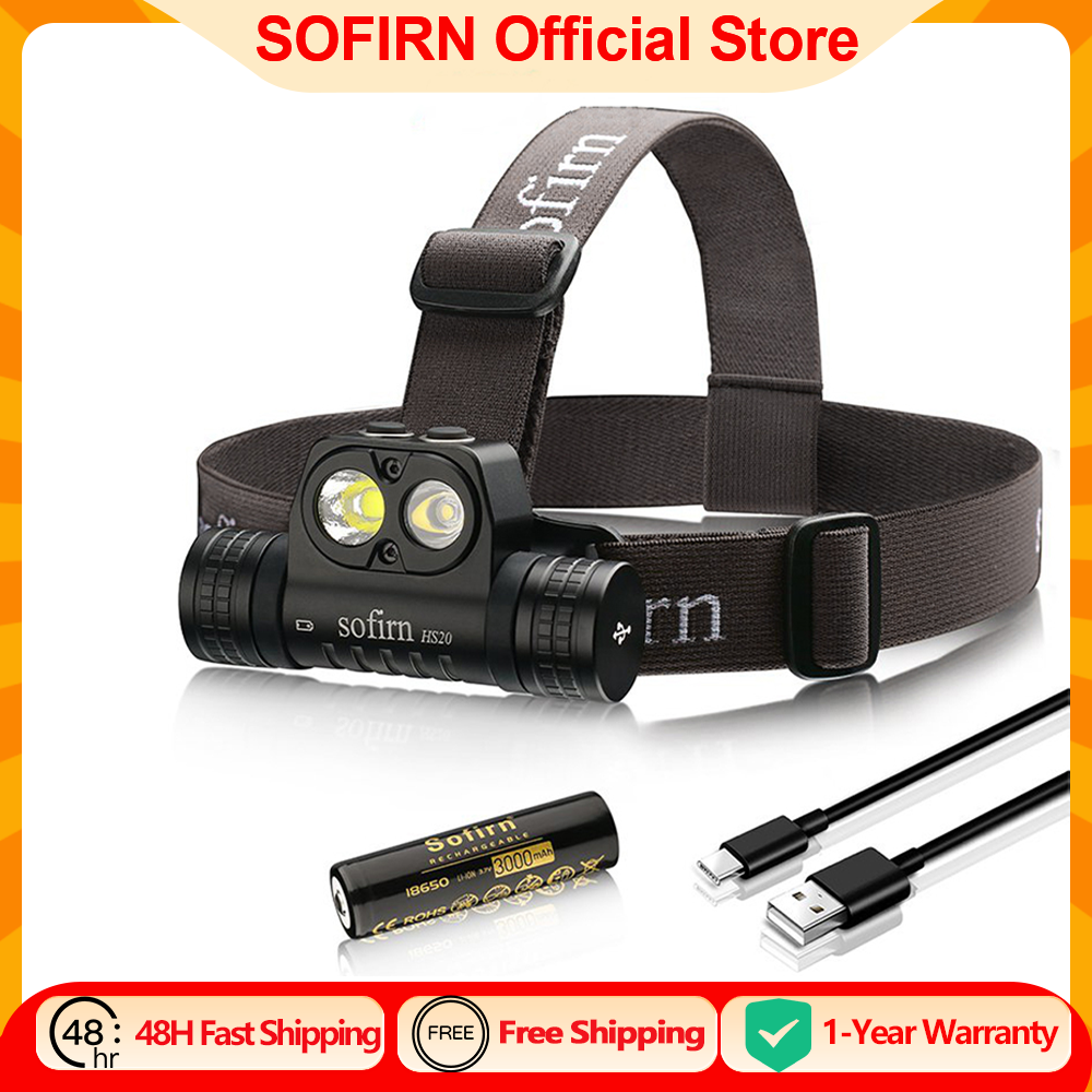 Налобный фонарь SOFIRN HS20 2300 лм с USB-C зарядкой, мощный, на аккумуляторе 18650, с двойным переключателем (точечный и рассеянный свет) и индикатором заряда