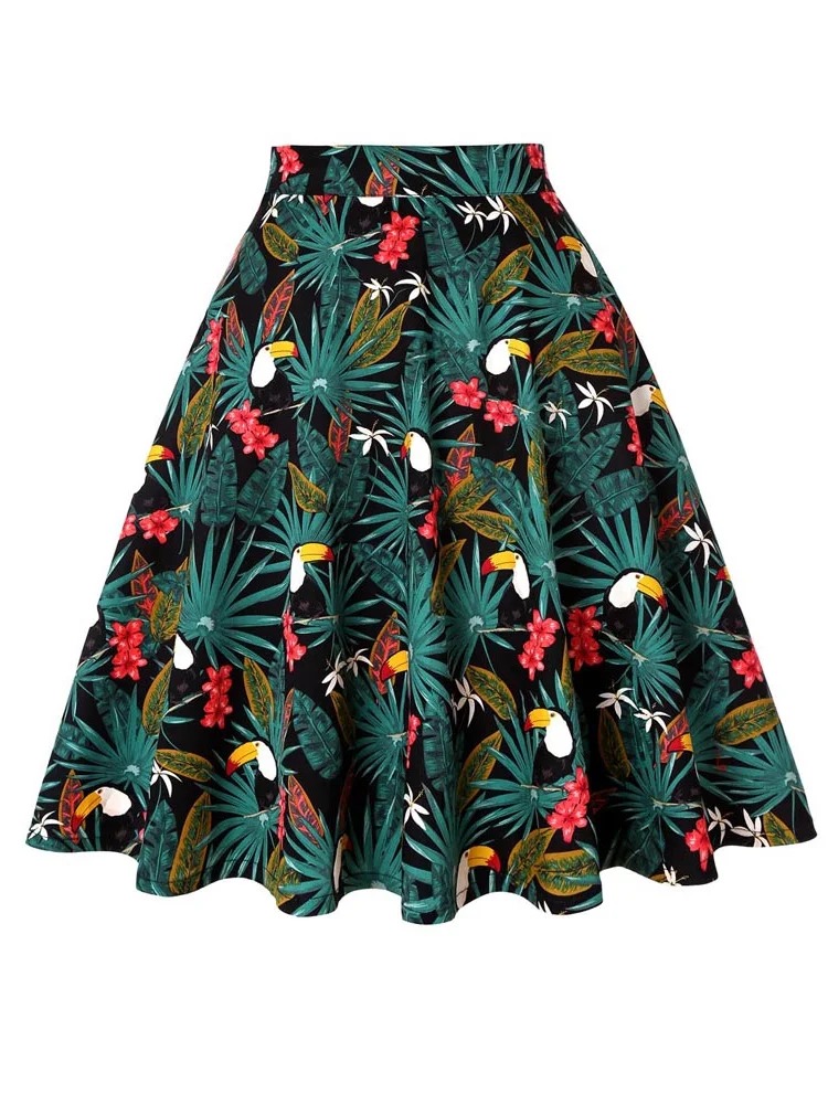 Harajuku-Jupe trapèze pour femme, vintage, années 60, imprimé pic de calcul, Tropical Pin Up, patineuse, longueur au genou, vacances, nouveau, 2024