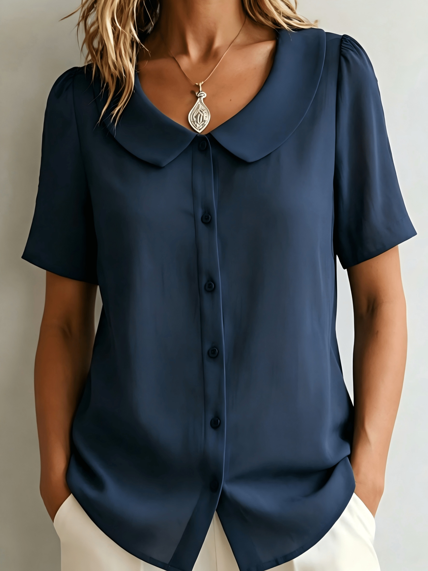 Camisa Feminina Solta e Elegante de Manga Curta, Blusa Casual da Moda para Férias e Fim de Semana