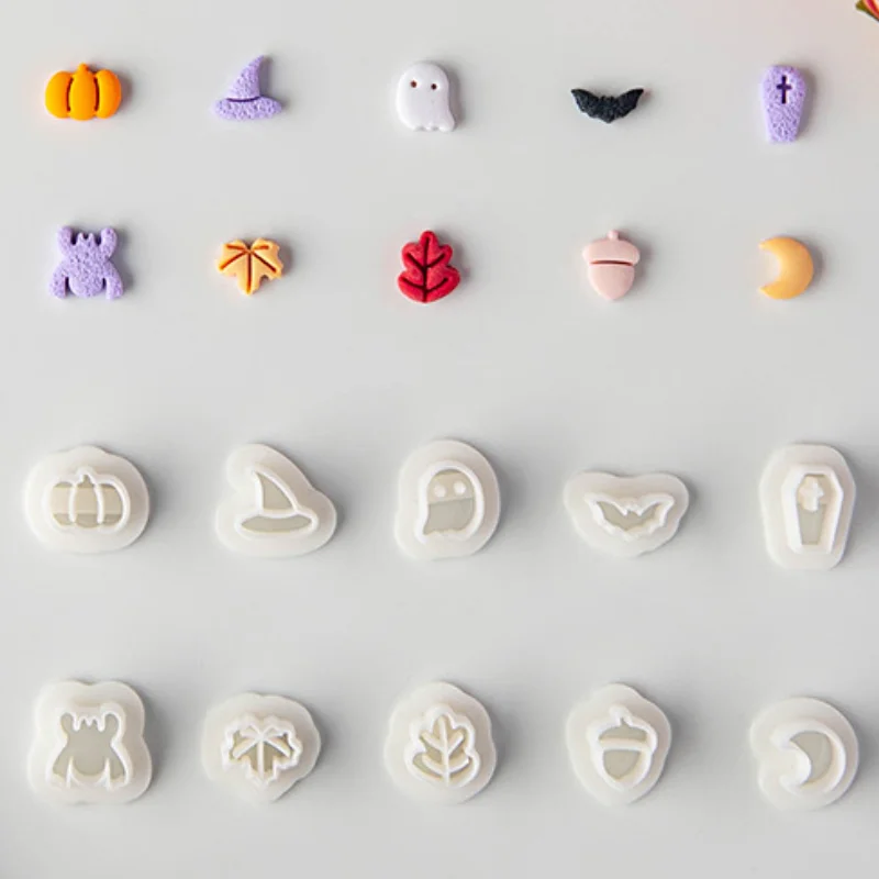 10 buah/set cetakan tanah liat polimer kartun Halloween Mini cetakan tanah liat bentuk labu laba-laba hantu untuk membuat liontin anting