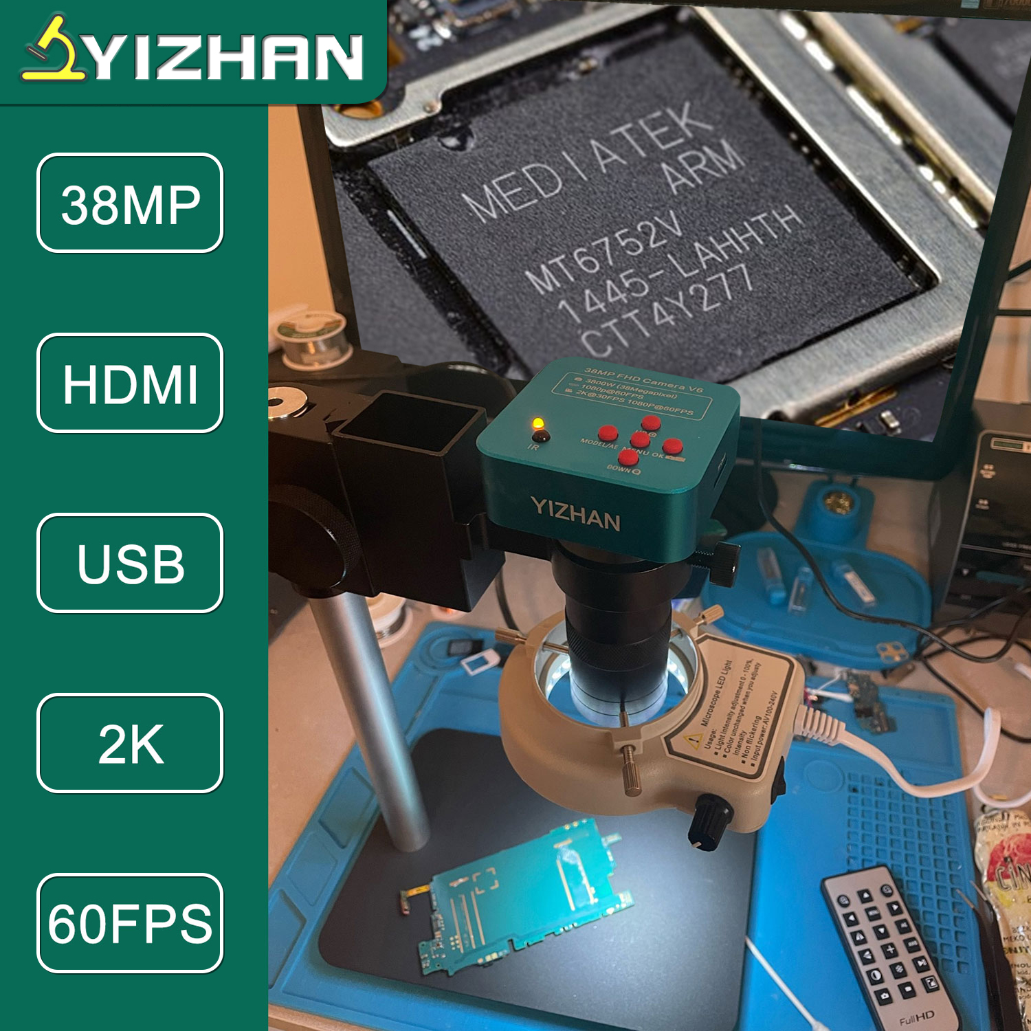 YIZHAN 2K Mikroskop Solder HDMI USB 130X Lensa C-mount 38MP Video Mengambil Foto Pengukuran untuk Perbaikan PCB Basis Logam Tebal