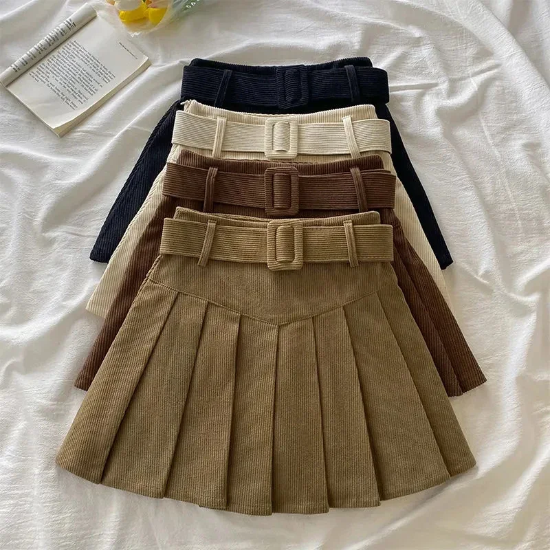Belted จีบกระโปรงเนื้อ Corduroy กล่องจีบกระโปรงมินิกับเข็มขัดผู้หญิงวัยรุ่นสาว Vintage Academy โรงเรียนฤดูใบไม้ร่วงชุดฤดูหนาว