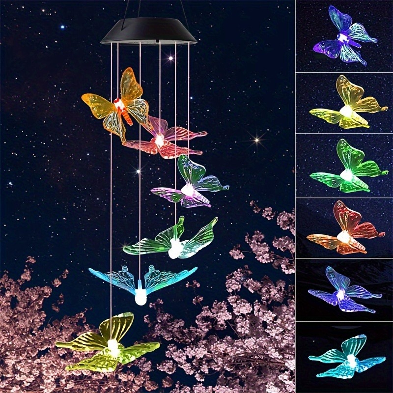 Carillon solaire extérieur étanche à changement de couleur avec papillons, libellules et colibris pour décorations de fête, de jardin et de porte