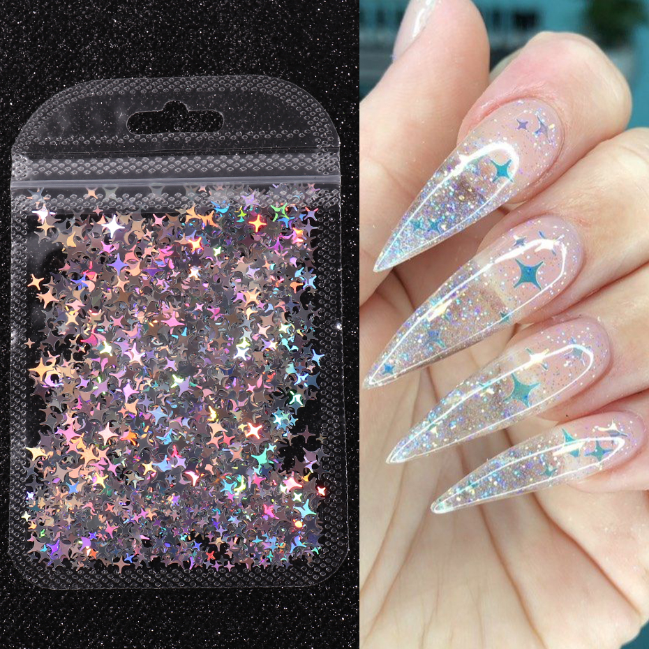 Holografischer Stern, vierzackiger Stern, Nagelpailletten, glitzerndes Laser-Design, Pailletten-Charm, Glitzerflocken, glänzende Maniküre-Dekorscheibe