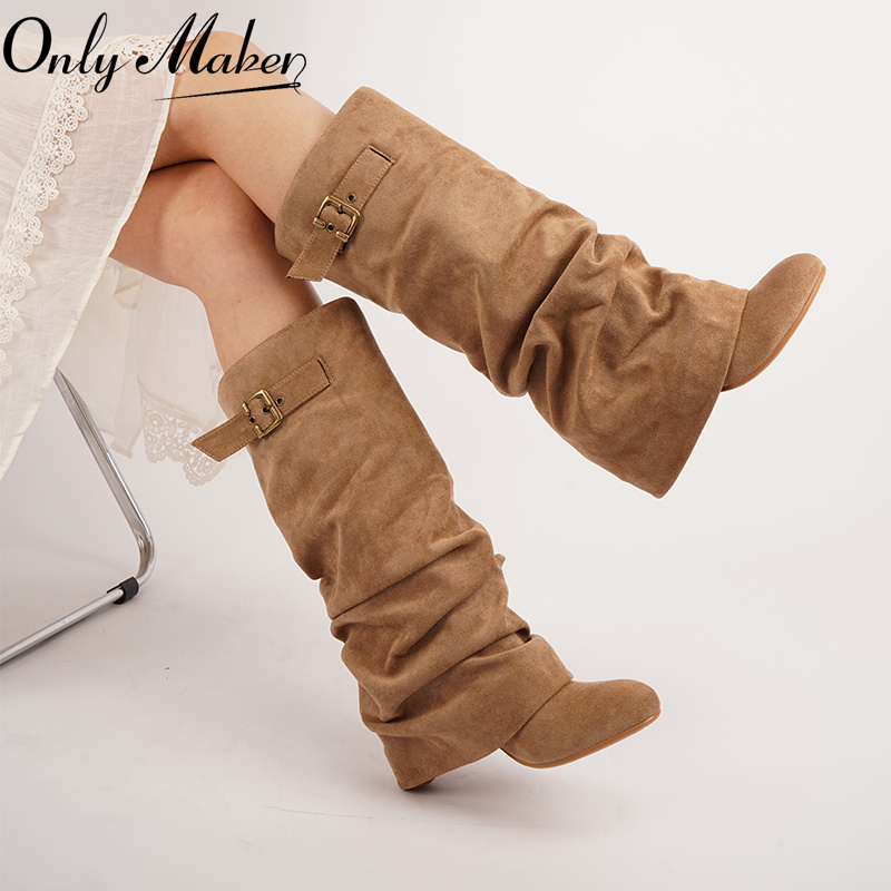 Onlymaker Women Round Toe Brown Faux Suede Ruched Slouchy Knee High Boots Buckle Low Heel Pulll On  Casual Elegant Fashion Boots