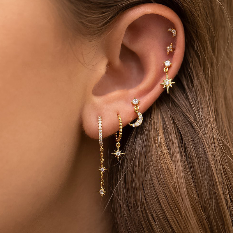 Neue Design Edelstahl Zirkonia Kette Hoop Ohrring Für Frauen Stern Mond Anhänger Knorpel Ohrring Piercing Schmuck