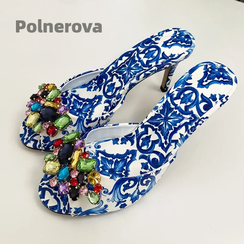 High Heeled Prints Jewel Slippers for Women Bohemian Colorful Crystal Open-Toe Stiletto Blue Green Summer Vacation Shoes