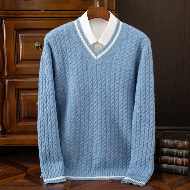 Pull en cachemire pur 100% pour homme, col en V, tricot jacquard, chaud, mode, loisirs, pull pour jeunes, nouvelle collection automne-hiver