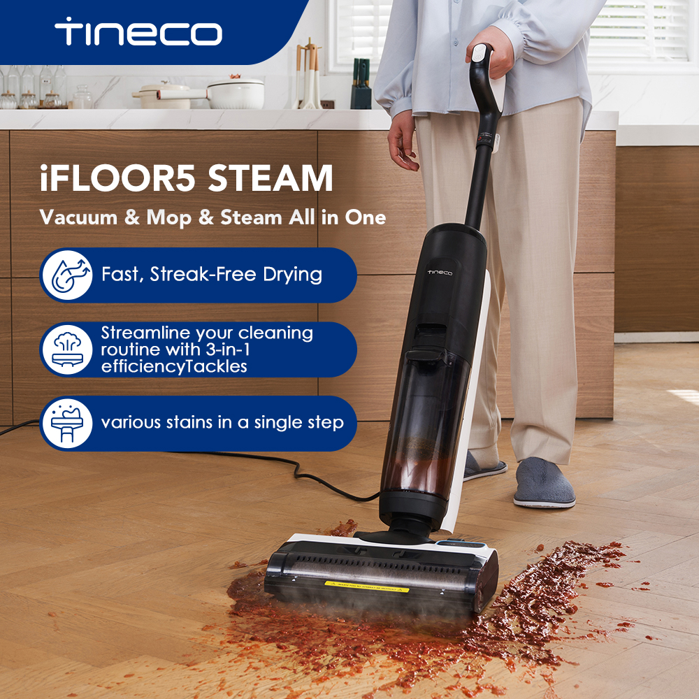Tineco iFLOOR 5 Vapor Wet Dry Vacuum Tudo-em-um, esfregão a vapor limpador de pisos de madeira ótimo para bagunças pegajosas, 248 ℉   Vapor de alta temperatura
