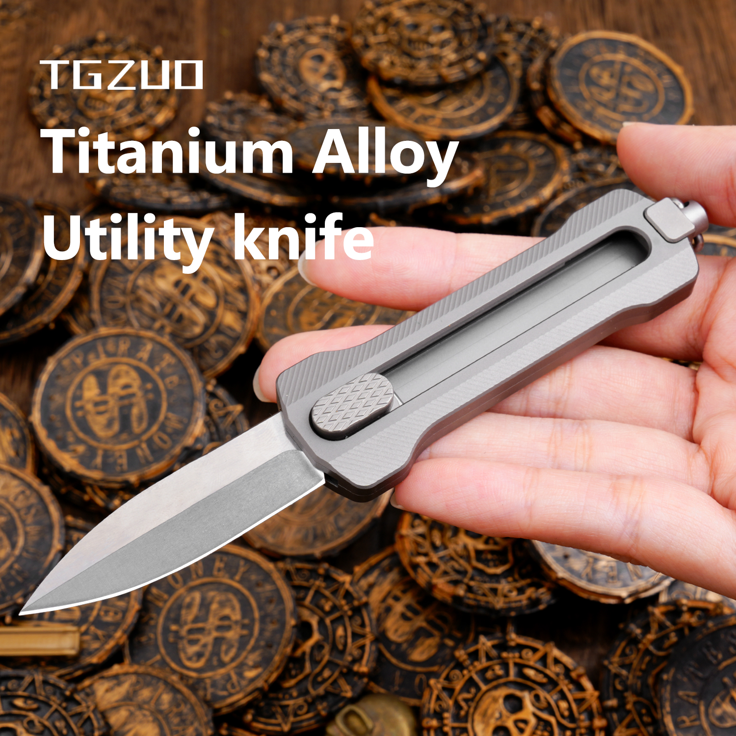 Pisau saku EDC Aloi Titanium, pisau tetap baja D2, dengan pemutus jendela, untuk berkemah luar ruangan berburu mendaki, alat pemotong kecil