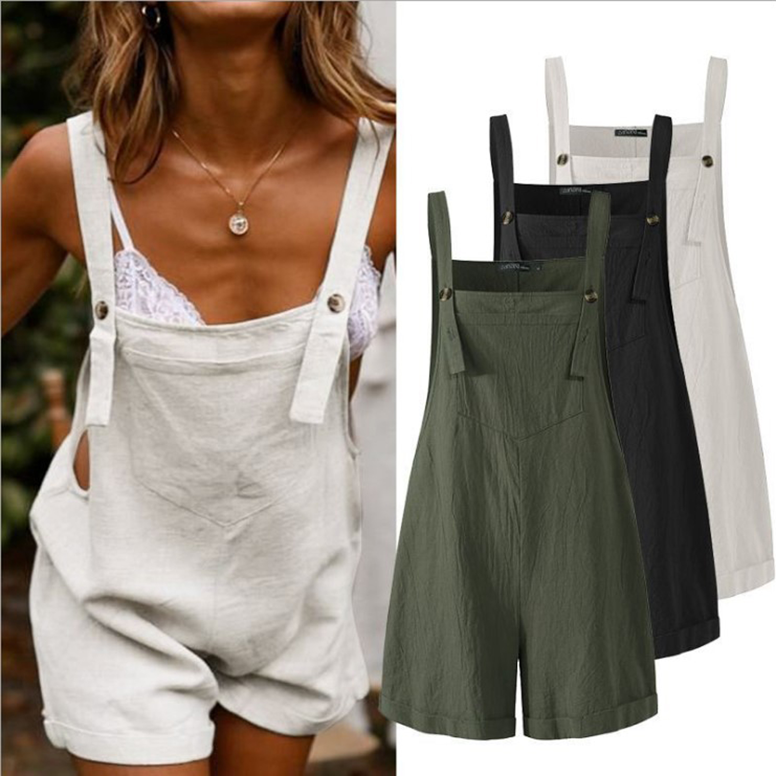 Novos Shorts Femininos Sem Mangas com Gola Quadrada em Preto, Branco e Verde Militar, com Botões, Moda Casual