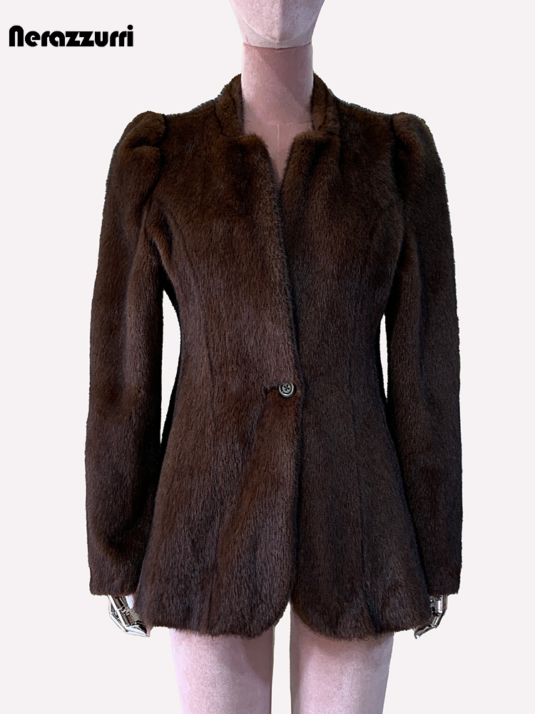 Nerazzurri hiver court marron épais chaud doux ajusté fausse fourrure de vison manteau femmes simple bouton élégant luxe Chic moelleux veste